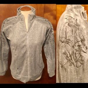 GREY VELOUR RHINESTONE ZIP JACKET